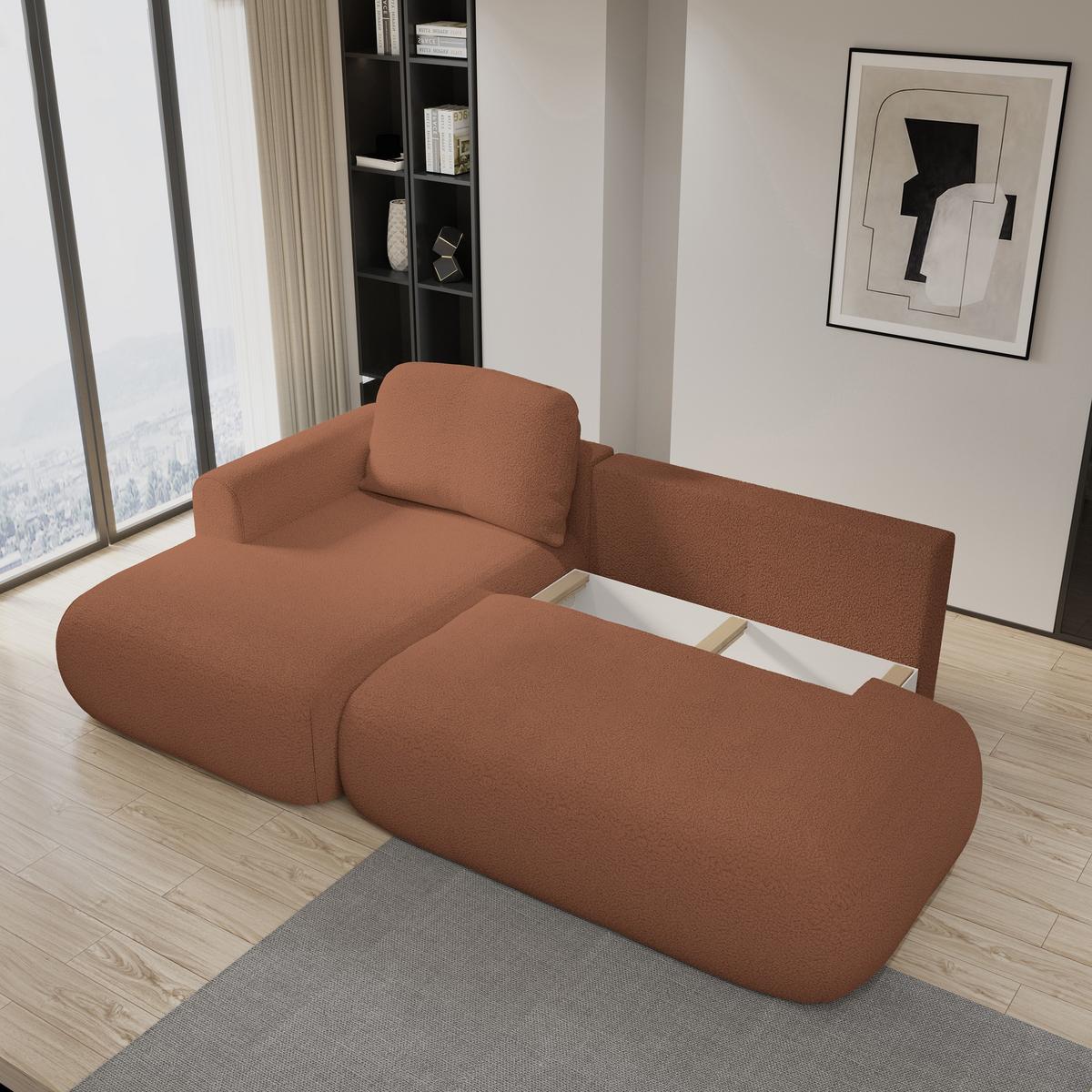 ECKSOFA NUVIRA L-S Kupferfarben Boucle-Stoff mit Schlaffunktion - Kupferfarben, Holz (279/158cm) - MASSENO