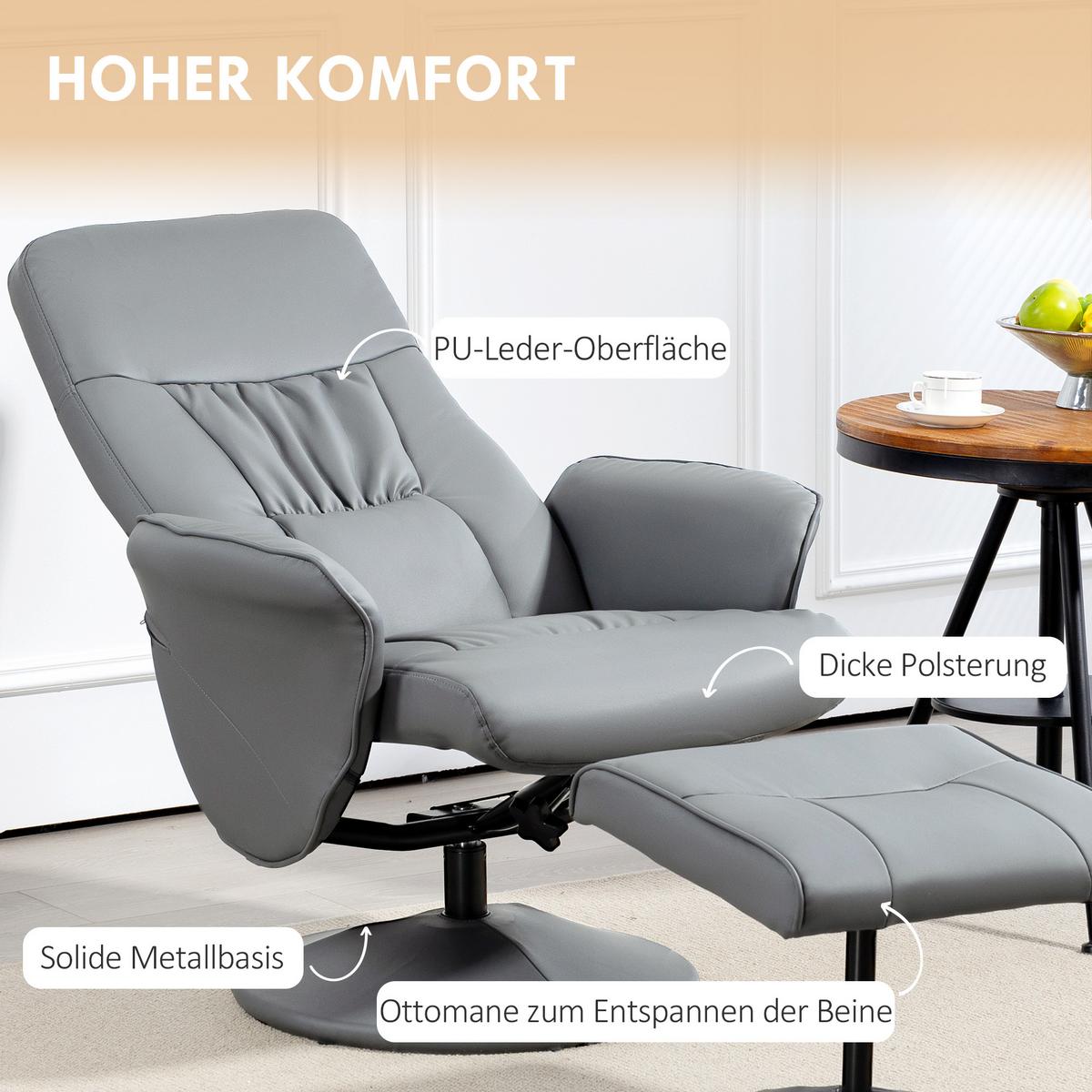 RELAXSESSEL mit Hocker, Fernsehsessel, TV Sessel mit Liegefunktion, Kunstleder - Hellgrau/Grau, Kunststoff/Metall (76/101/81cm) - HOMCOM