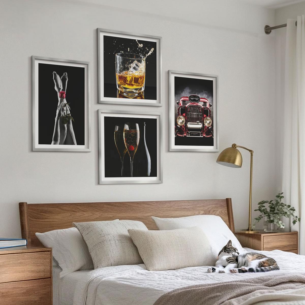 BILDER SET 4er Set - 50x50 cm & 40x60 cm Silberner Rahmen - Frauenbeine Rosenwagen Wein - Silberfarben, Kunststoff (50/50cm) - TULUP