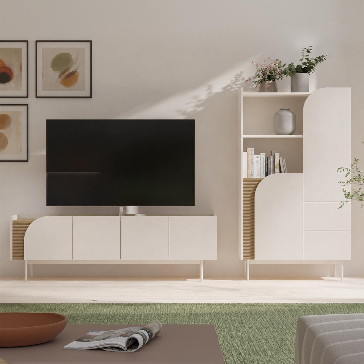 WOHNWAND Camel, Lowboard 172 cm + Bücherregal 90 cm, geriffeltem Detail, Frühlingseiche + Macadamia - Eichefarben/Beige, Holzwerkstoff/Metall (172/54/42cm) - Beautysofa
