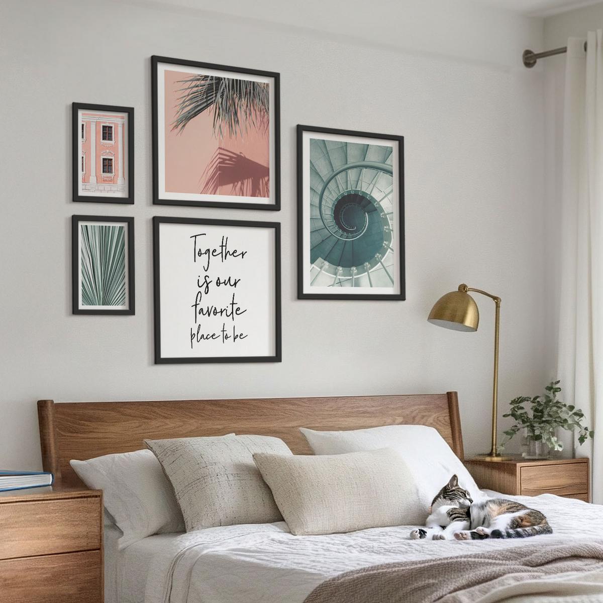 BILDER SET 5er Set - 50x50 cm & 20x30 cm & 40x60 cm Schwarzer Rahmen - Architektur-Pastellmuster - Schwarz, Kunststoff (40/60cm) - TULUP