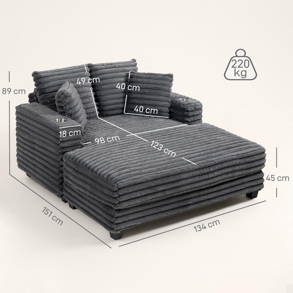 SCHLAFSOFA mit Getränkehalter 134/151/89 cm Grau - Schwarz/Grau, Kunststoff/Textil (134/89/151cm) - HOMCOM