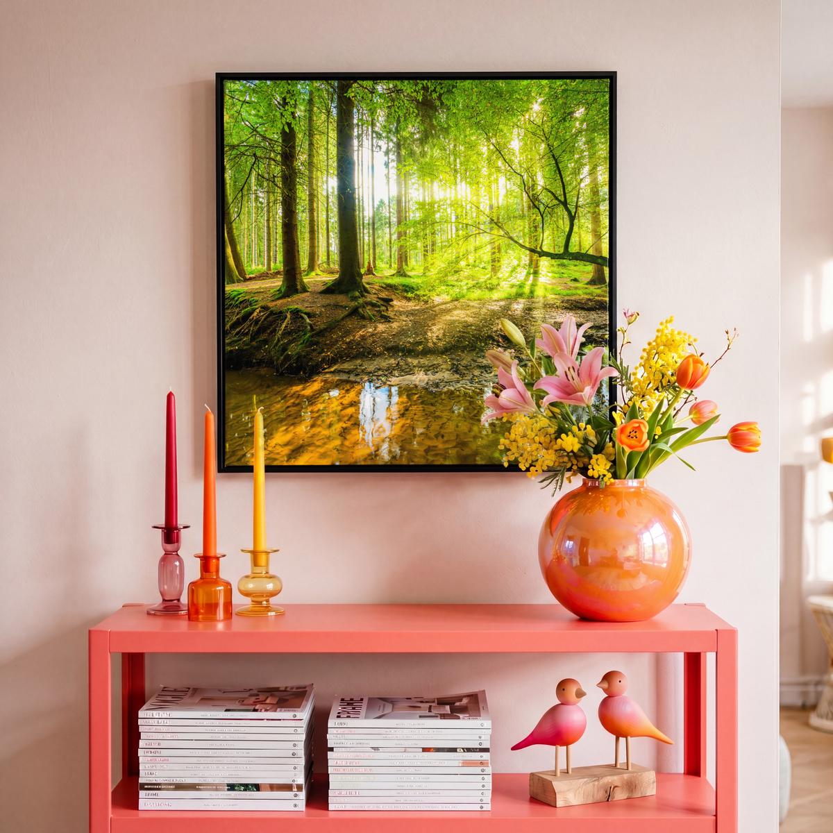 LEINWAND Bilder mit Rahmen - Wald - Landschaft - Wasser - Bäume - Sonne - Grün - Natur - 50x50 - Grün, Textil (50/50cm) - MuchoWow