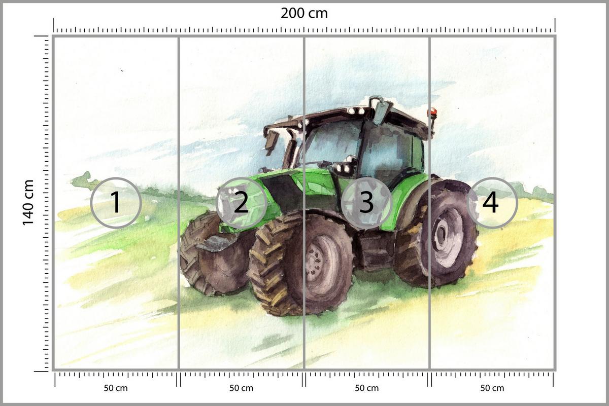 FOTOTAPETE für Kinderzimmer Aquarell Grüner Traktor Feld 200x140 - Gelb/Schwarz, Papier (200/140cm) - Muralo