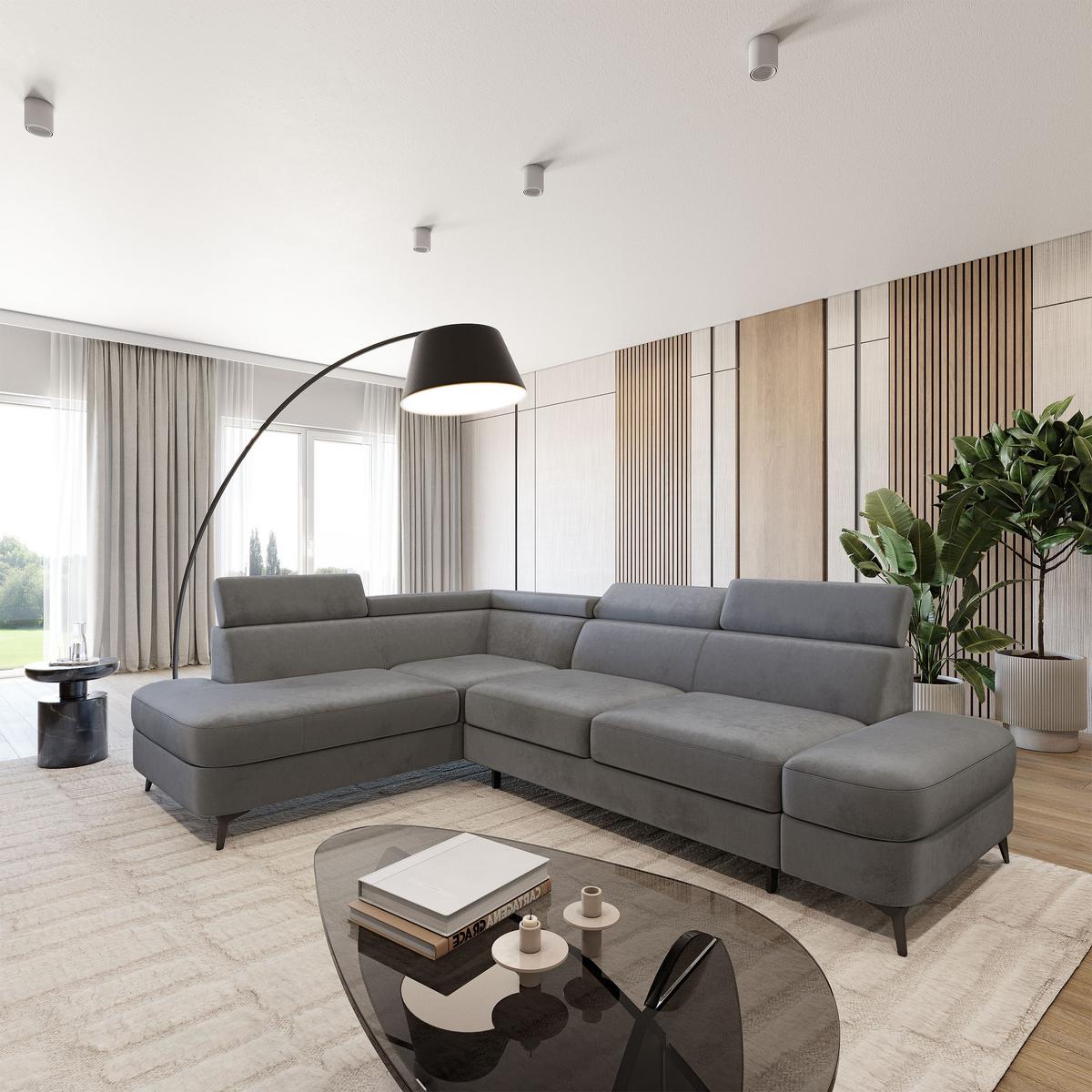 ECKSOFA AVISE M L-S Grau Velours-Stoff mit Schlaffunktion - Grau, Holzwerkstoff/Textil (268/195cm) - MASSENO