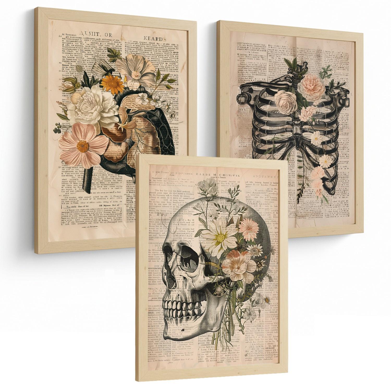POSTER Set aus 3 Anatomie Mensch Drucke und Wandbilder mit Leber Rippen und Schädel Retro Floraler Stil Wanddekoration Größe Leichter Holzrahmen A4 - Beige, Papier (21/29.7/3cm) - Nacnic