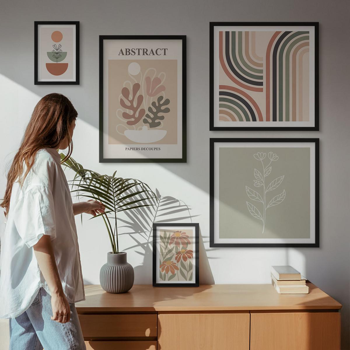 BILDER SET 5er Set - 50x50 cm & 20x30 cm & 40x60 cm Schwarzer Rahmen - Abstrakte Pastellpflanzen - Schwarz, Kunststoff (40/60cm) - TULUP