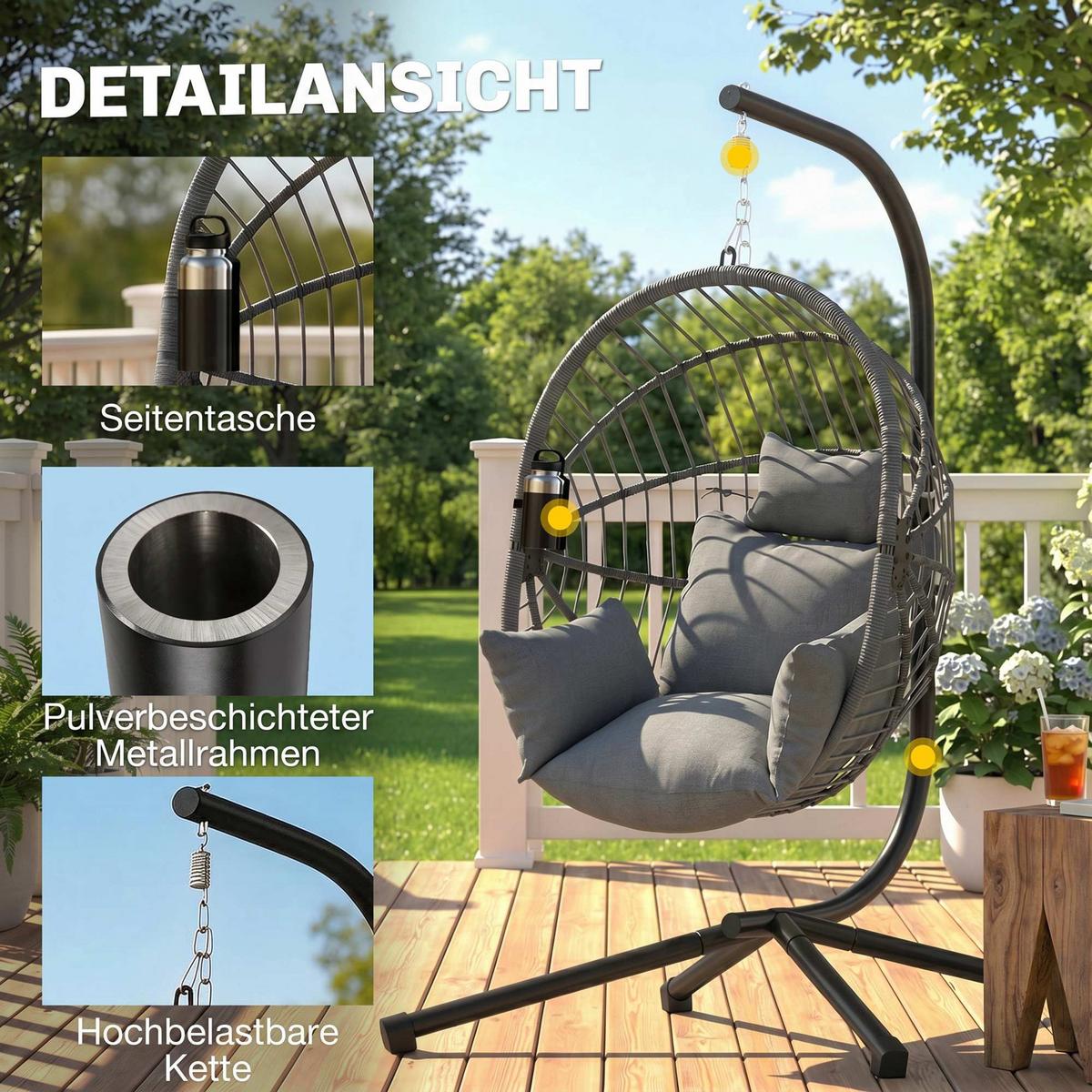 HÄNGESESSEL, Stahl, Polyester, Grau - Grau, Metall (106/188/120cm) - Outsunny