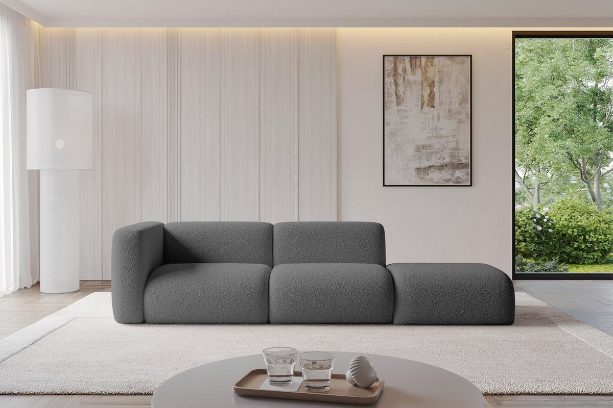 SOFA Ottomane Links MIRA-S3 296x89x70 Grau Bouclé - Platinfarben/Schwarz, Holzwerkstoff/Kunststoff (296/70/89cm) - ALTDECOR