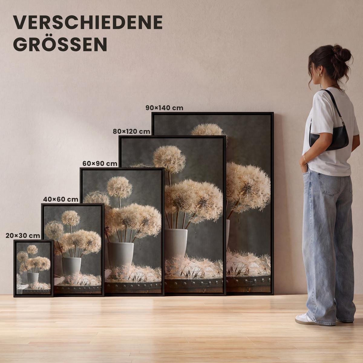 LEINWAND Bilder mit Rahmen - Blumensamen - Löwenzahn - Vase - Stilleben - Blumenstrauß - 90x140 - Dunkelgrau, Textil (90/140cm) - MuchoWow