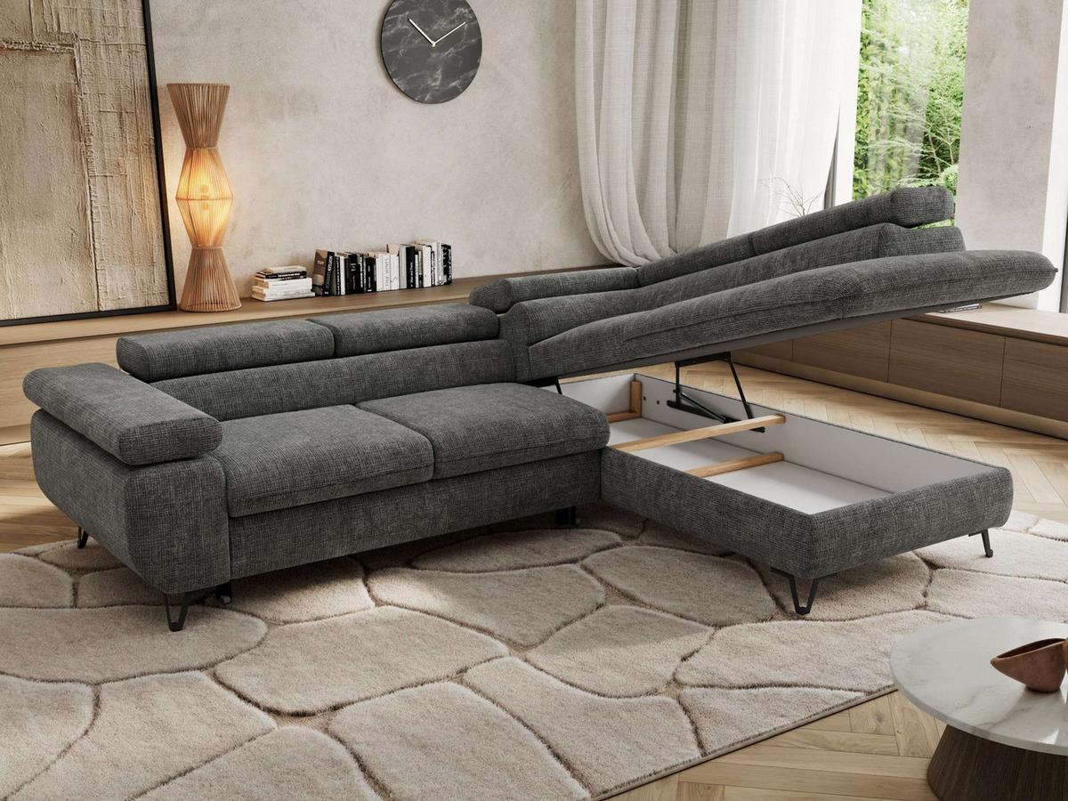 ECKSOFA PABLO L Grau Schenille grob gewebt - Rechts Seite - Schwarz/Grau, Textil/Metall (273/208cm) - MKS