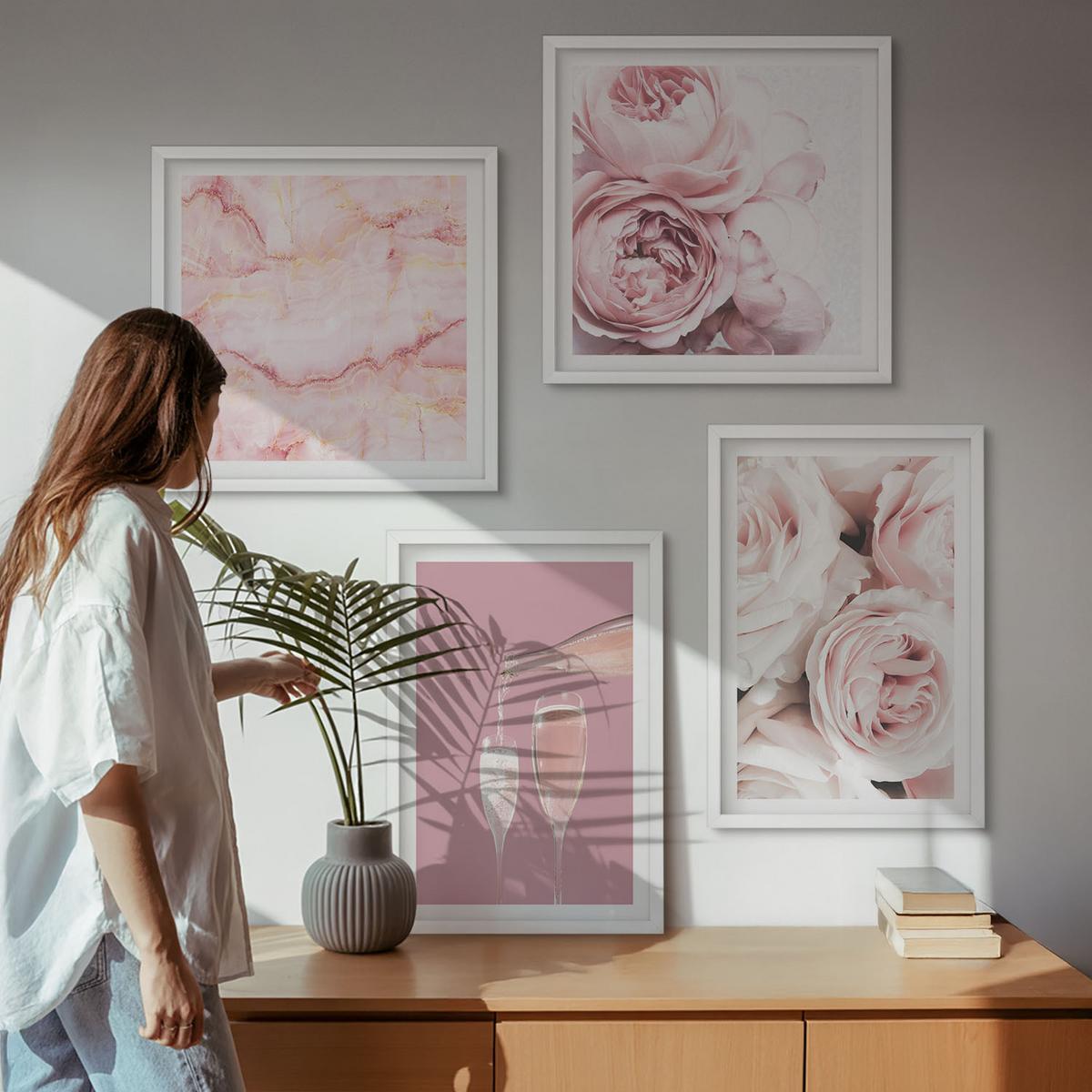 BILDER SET 4er Set - 50x50 cm & 40x60 cm Weißer Rahmen - Rosen, Champagner, Marmor, Pastell - Weiß, Kunststoff (50/50cm) - TULUP