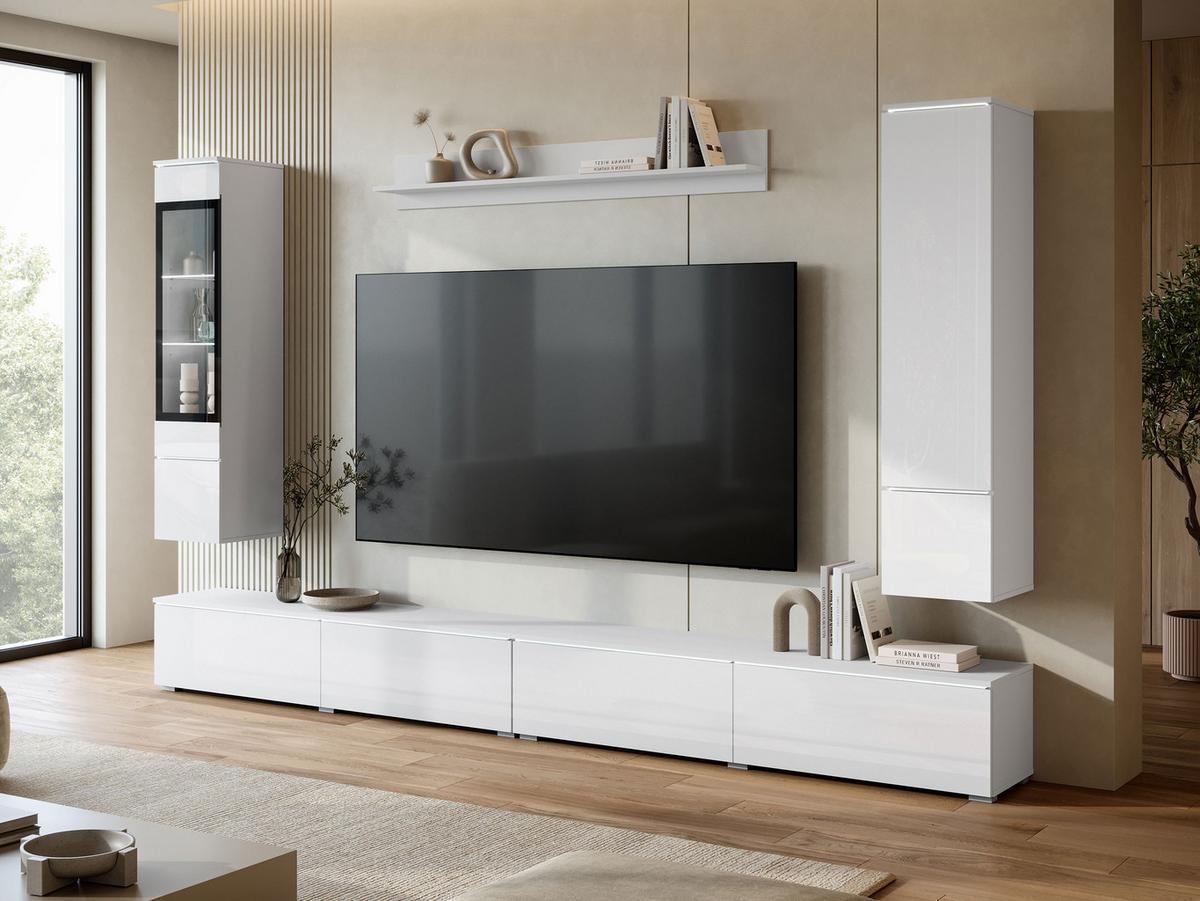 WOHNWAND Vera VIII mit weißer LED Beleuchtung - Weiß Hochglanz/Silberfarben, Holzwerkstoff/Kunststoff (300/130/33cm) - MIRJAN24