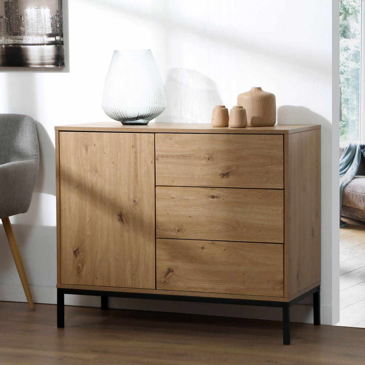 KOMMODE 1 Tür 3 Schubladen Eiche-Dekor FSC-zertifiziert 40/80/90 cm - Eichefarben, Holzwerkstoff (90/80/49.5cm) - Calicosy