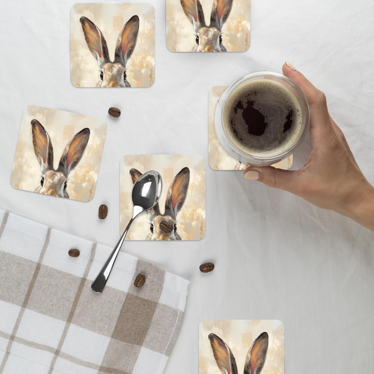 GLASUNTERSETZER 6er-Set Hase - Ohren - Braun Zubehör für Getränke 10x10 cm - Beige, Naturmaterialien (10/0.2cm) - MuchoWow