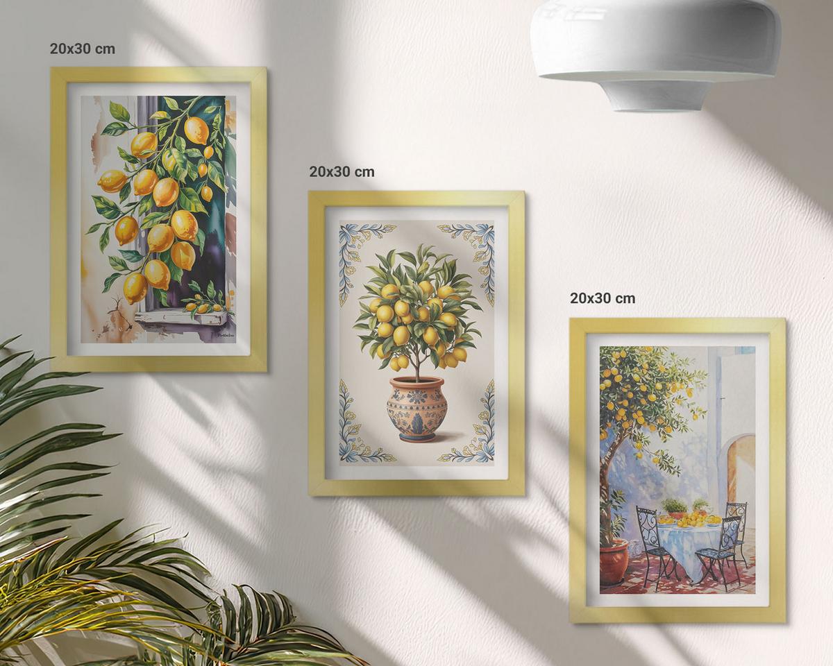 BILDER SET 3er Set - 20x30 cm Goldrahmen - Zitronenbäume Früchte Sonne - Goldfarben, Kunststoff (20/30cm) - TULUP