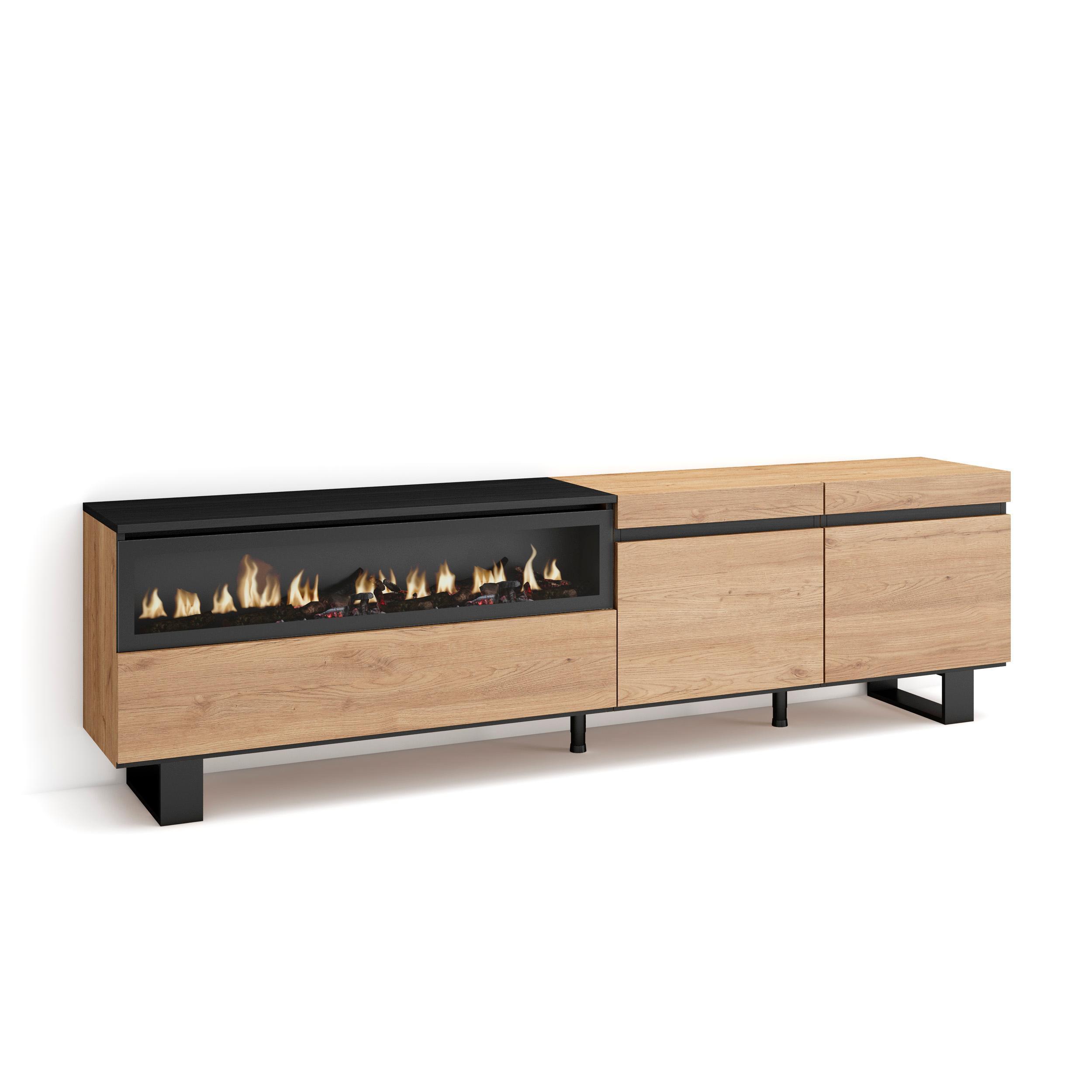 LOWBOARD mit Elektrokamin, Eiche, Schwarz, 200/35/57cm - Eichefarben/Naturfarben, Holzwerkstoff (200/57/35cm) - Skraut Home