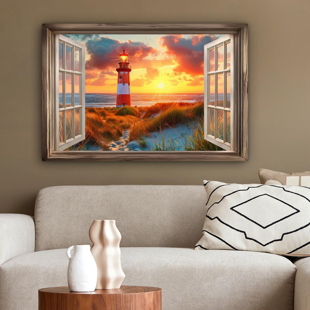 LEINWANDBILD Aussicht - Fenster - Leuchtturm - Sonnenuntergang - Strand Gemälde 60x40 cm - Dunkelorange, Textil (60/40cm) - MuchoWow