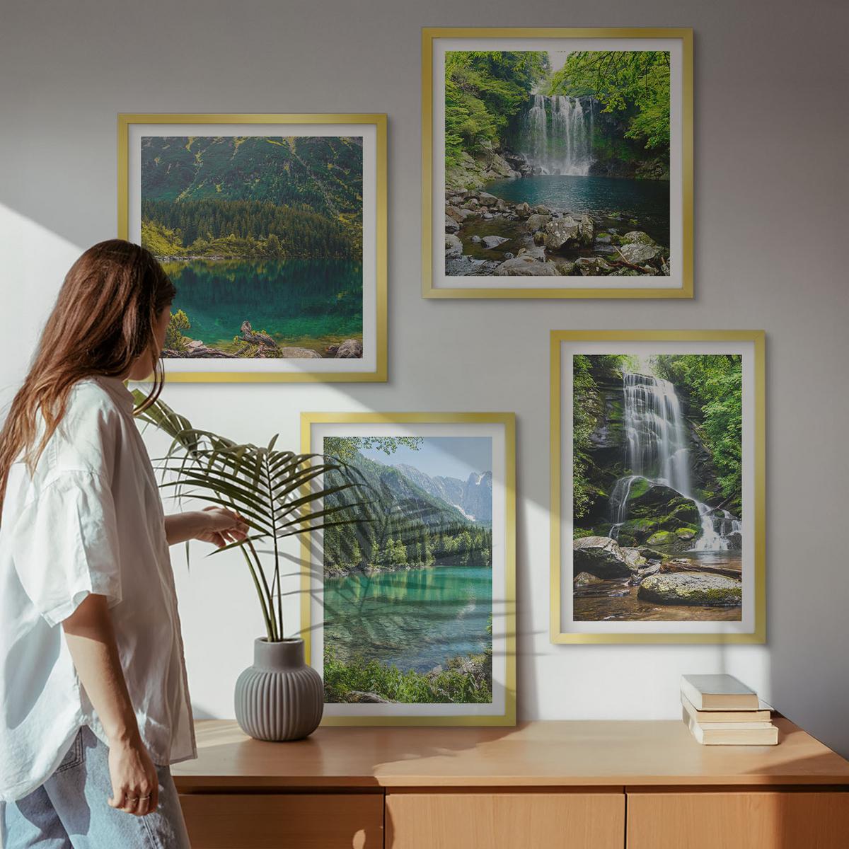 BILDER SET 4er Set - 50x50 cm & 40x60 cm Goldrahmen - Wasserfälle in grüner Umgebung - Goldfarben, Kunststoff (50/50cm) - TULUP