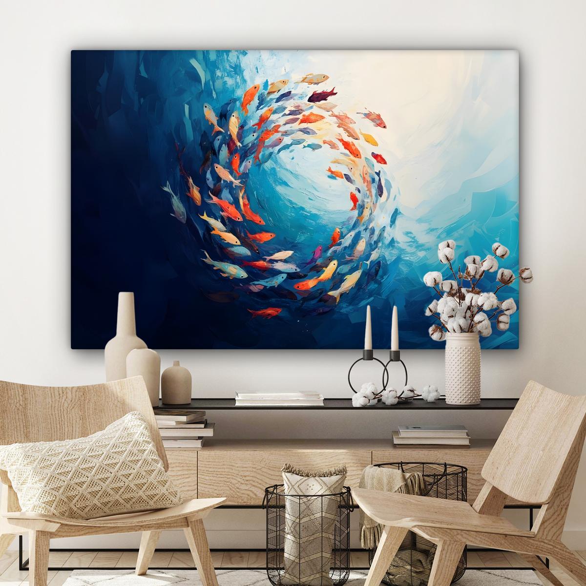 LEINWANDBILD Meer - Fische - Bunt - Dynamisch Wohnzimmer Groß 120x80 cm - Hellblau, Textil (120/80cm) - MuchoWow