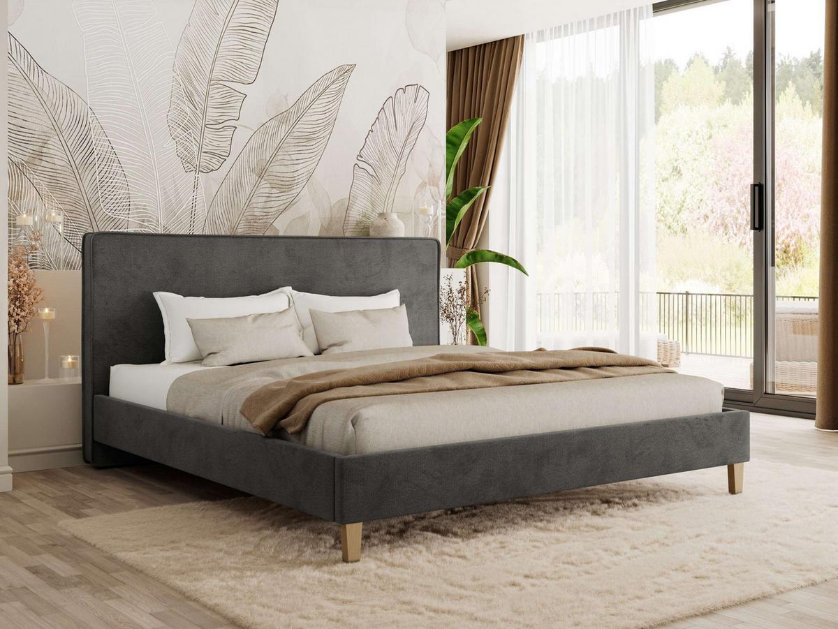 POLSTERBETT LUMARO CLASSIC 140/200 - Dunkelgrau Velvet - Matratze Pocket - Dunkelgrau/Kernbuche, Holz/Textil (140/200cm) - MKS