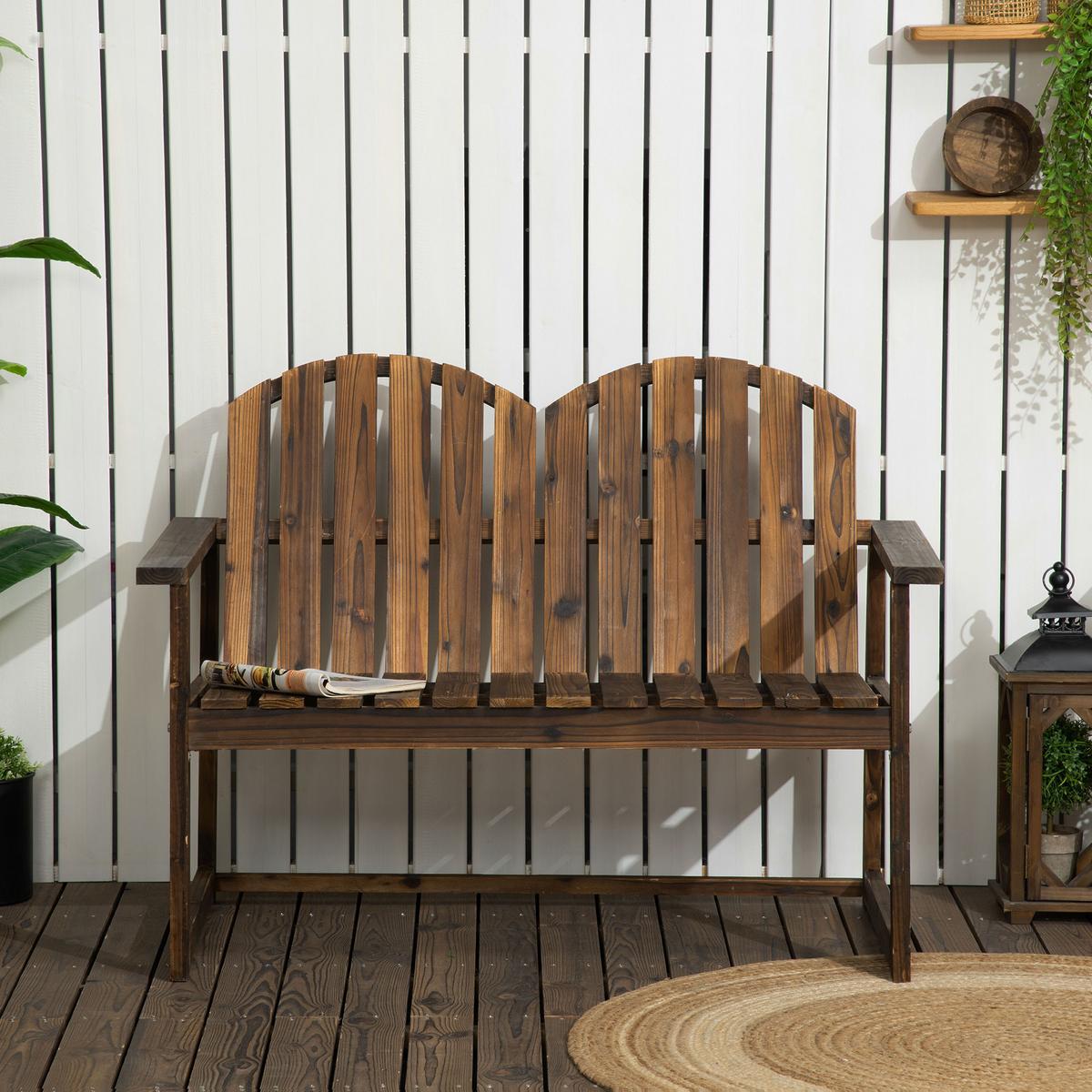 GARTENBANK, 2-Sitzer Sitzbank, Holzbank mit Rückenlehne, Armlehne, Parkbank, Verkohlt - Dunkelbraun, Holz (63/86/114cm) - Outsunny