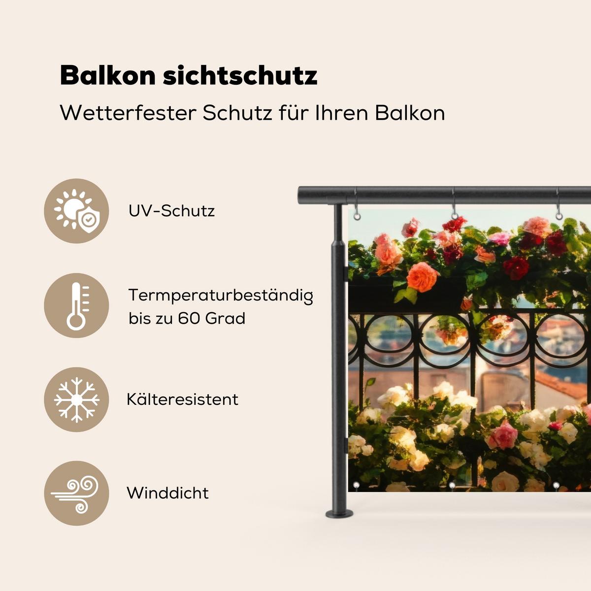BALKON-SICHTSCHUTZ Blumen - Zaun - Stadtbild - Sommer Witterungsbeständig 200x90 cm - Pink, Kunststoff (200/90cm) - MuchoWow