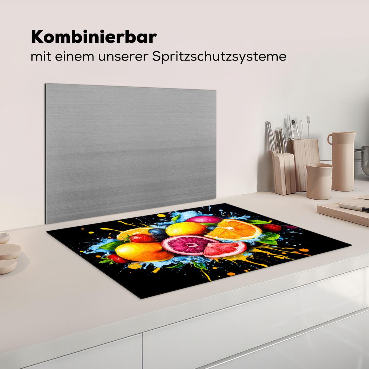 HERDABDECKPLATTE Obst - Graffiti - Bunt - Orange - Erdbeere - Abstrakt Herdabdeckung Induktionsfeld 75x52 cm - Orange, Kunststoff (75/52/0.2cm) - MuchoWow