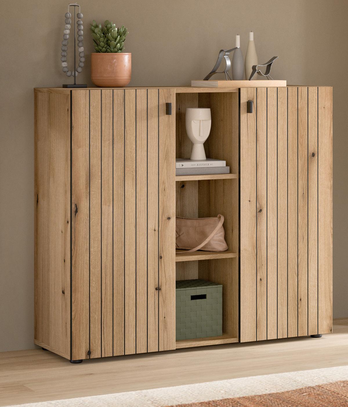 FLURKOMMODE Evoke Eiche 106 cm, Schuhschrank mit eingefräster Rillenoptik - Schwarz/Eiche Artisan, Glas/Holzwerkstoff (106/96/37cm) - Inn.Furn
