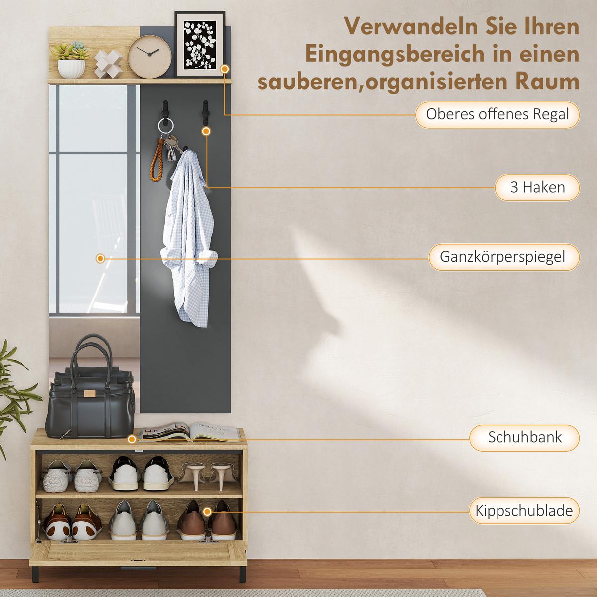 GARDEROBE-SET MDF Spiegel Naturholz - Schwarz/Naturfarben, Holzwerkstoff/Metall (13.5/127.5/60cm) - HOMCOM