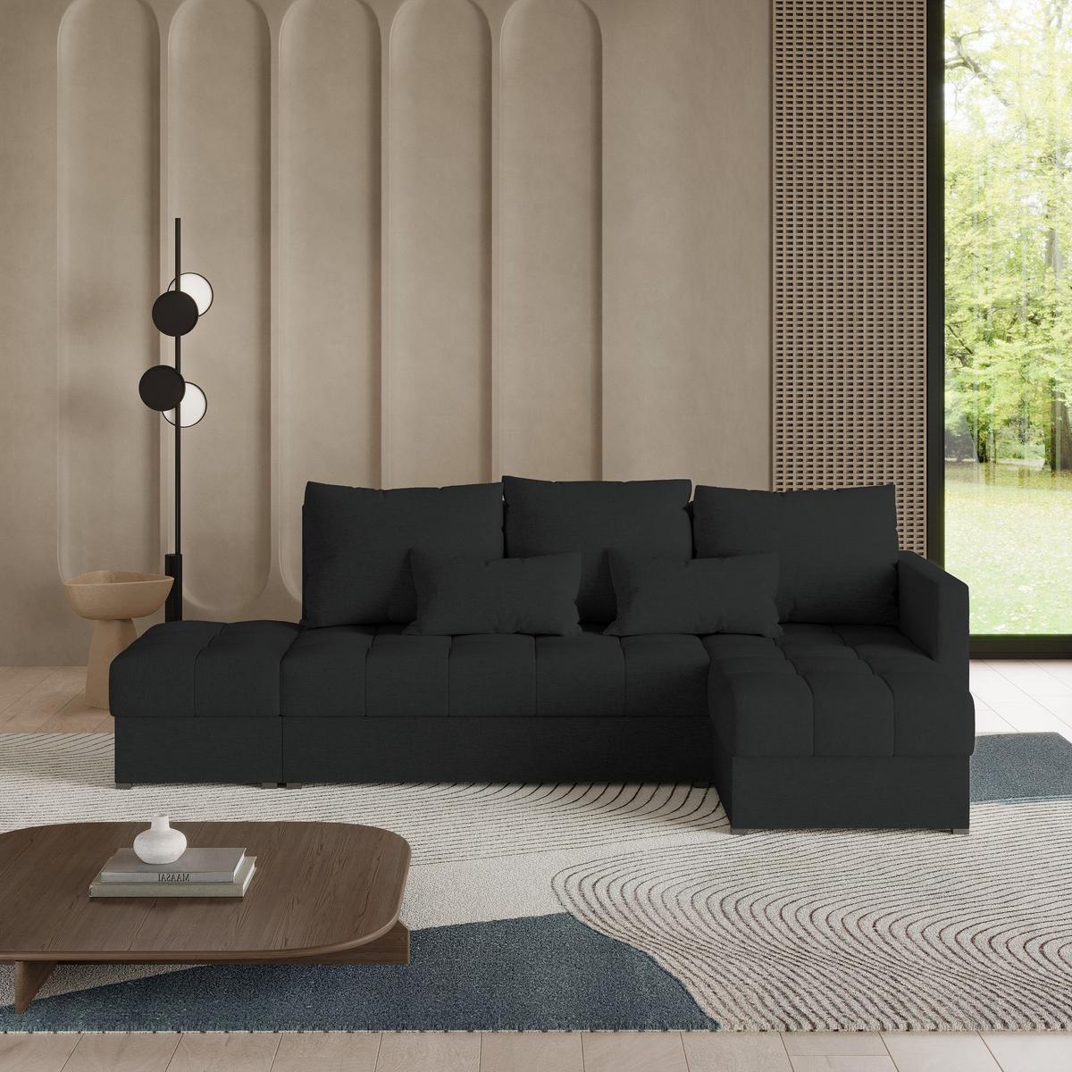 ECKSOFA LUMARI R-S Schwarz Plüsch-Stoff mit Schlaffunktion - Schwarz, Holz (262/143cm) - MASSENO