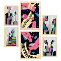 POSTER Set Mit 6 Verhaltensmodi In Liebhaber Abstrakt Ästhetische Dekorative Gemälde Für Ihr Wohnzimmer Zuhause A3 & A4 Rahmen Aus Hellem Holz - Beige, Papier (29/3cm) - Nacnic