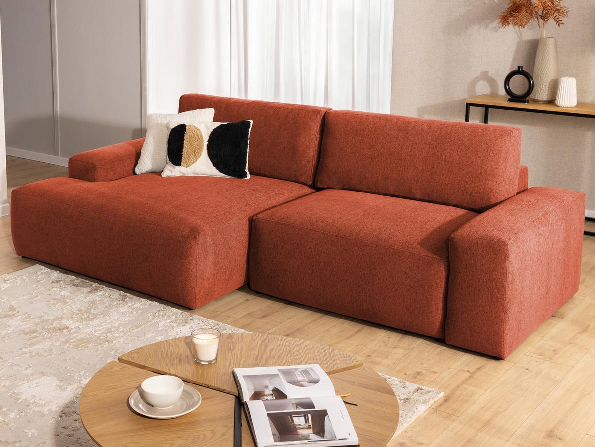 ECKSOFA inkl. Hocker Lennon aus Terrakotta Strukturstoff mit Schlaffunktion und Bettkasten - Terracotta/Schwarz, Holz/Kunststoff (137/264cm) - S-Style