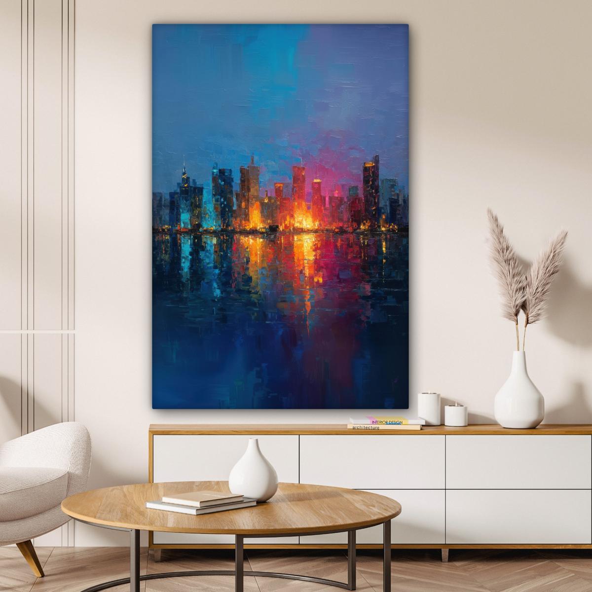 LEINWANDBILD Skyline - Pinselstriche - Dunkelblau - Leuchtend Deko XXL 80x120 cm - Blau, Textil (80/120cm) - MuchoWow