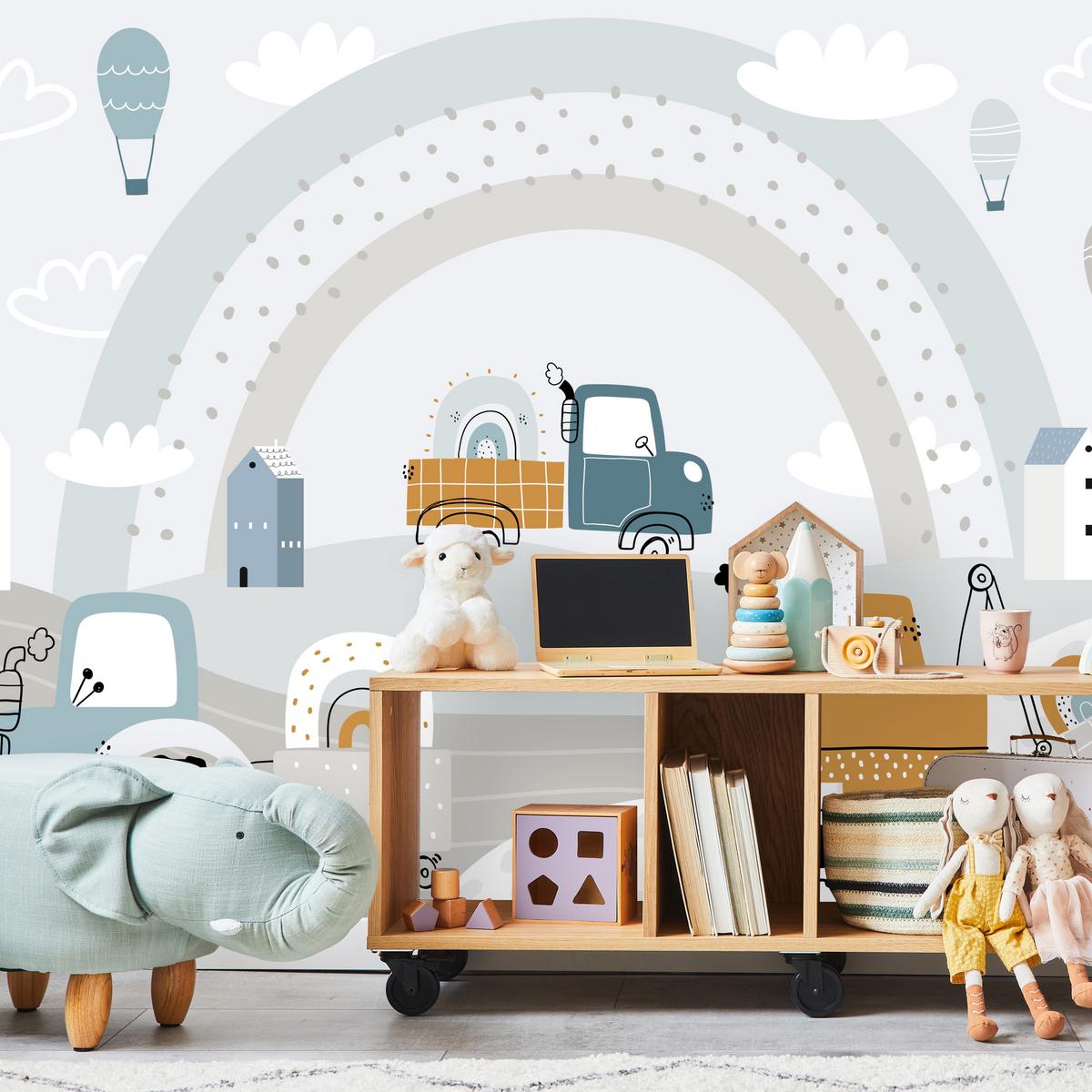 FOTOTAPETE für Kinderzimmer Baumaschinen Regenbogen Hügel Wolken 450x315 - Blau/Beige, Papier (450/315cm) - Muralo
