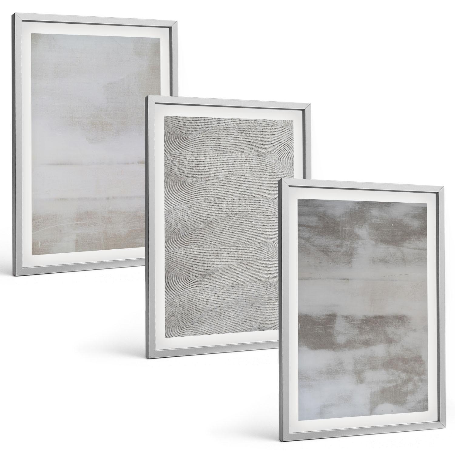 BILDER SET 3er Set - 40x60 cm Silberner Rahmen - Moderne minimalistische Texturen - Silberfarben, Kunststoff (40/60cm) - TULUP