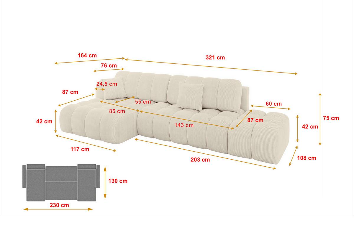 ECKSOFA mit Schlaffunktion Ottomane Links OLEA-L2 321x164x75 Beige Cord - Schwarz/Cappuccino, Holzwerkstoff/Kunststoff (321/164cm) - ALTDECOR