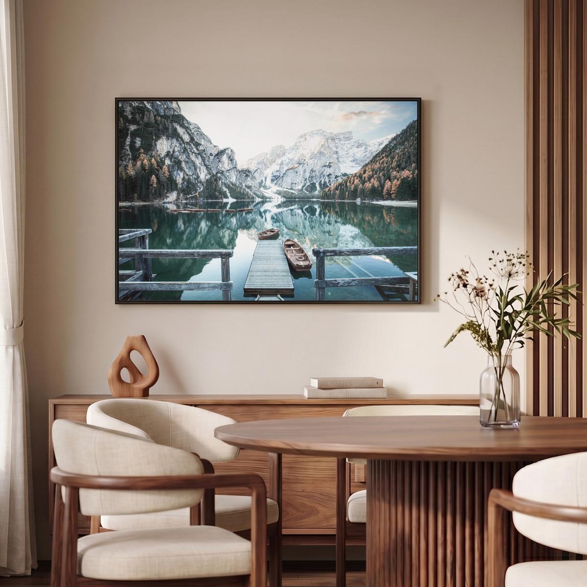 LEINWAND Bilder mit Rahmen - Natur - Berge - Schnee - Wald - Boot - 90x60 - Hellgrün, Textil (90/60cm) - MuchoWow