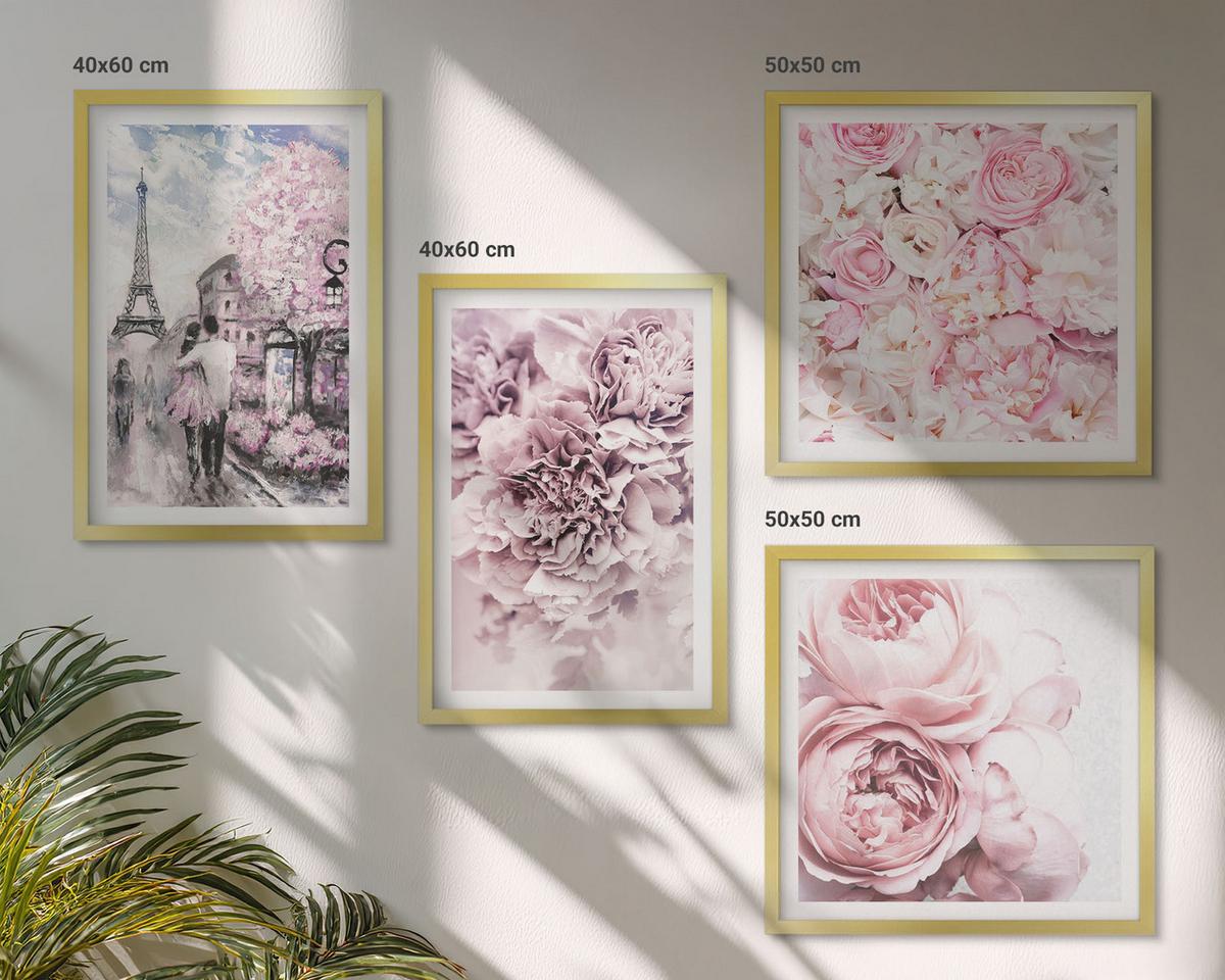 BILDER SET 4er Set - 50x50 cm & 40x60 cm Goldrahmen - Rosa Blumen, romantische Landschaft - Goldfarben, Kunststoff (50/50cm) - TULUP
