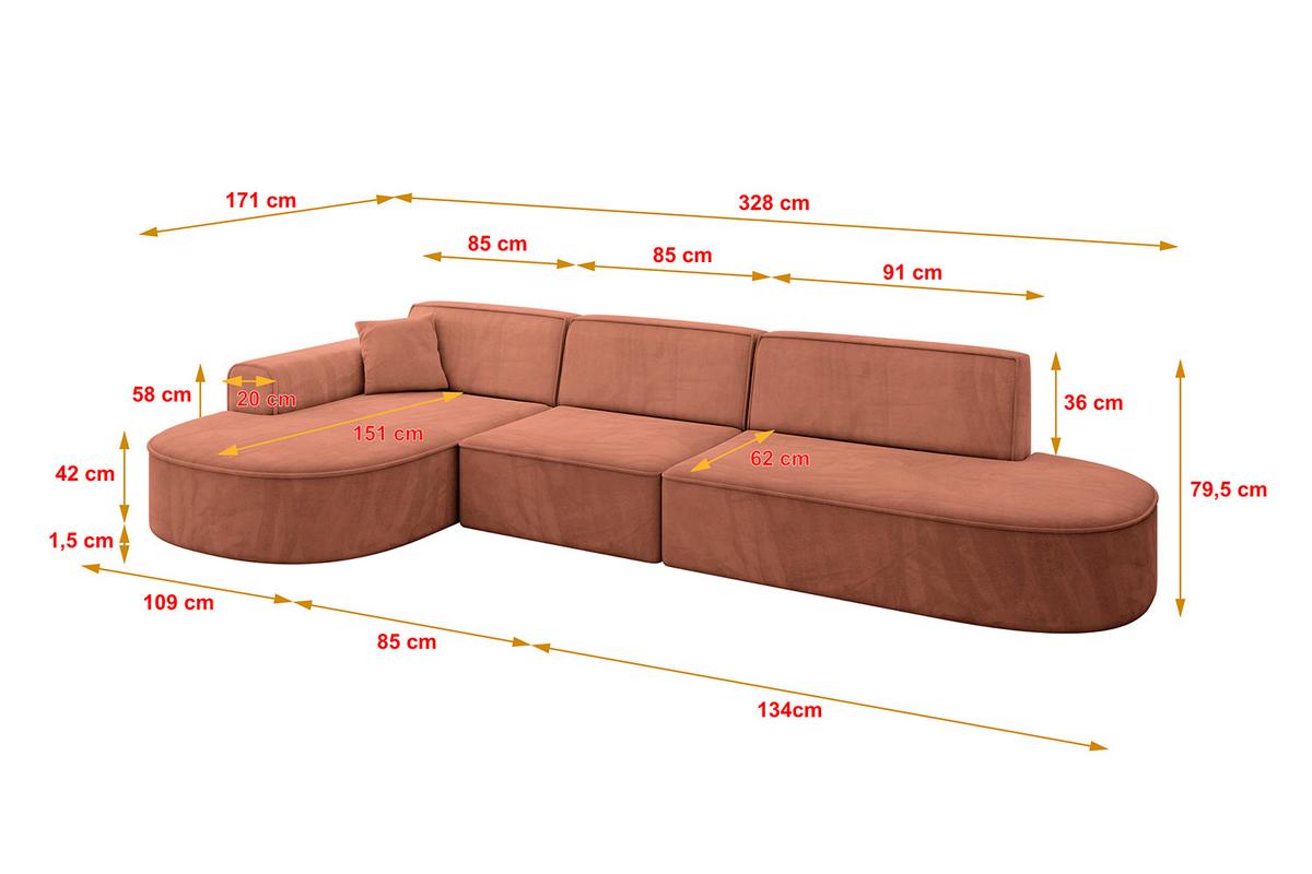 ECKSOFA Ottomane Links MARI-L2 - 328x171x79 cm Koralle Velours - Koralle/Schwarz, Holzwerkstoff/Kunststoff (328/171cm) - ALTDECOR