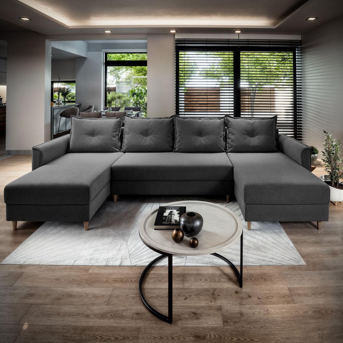 WOHNLANDSCHAFT VERNI Grau Plüsch-Stoff mit Schlaffunktion - Braun/Grau, Holz/Textil (285/91/143cm) - MASSENO