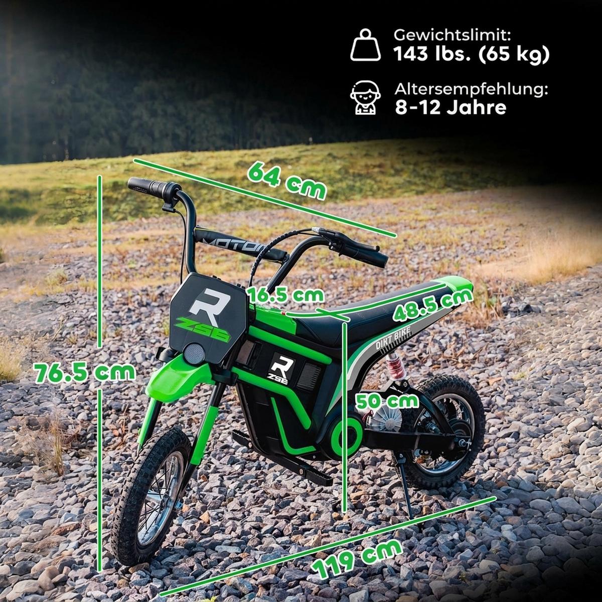 KINDER Elektro Motorrad, 12V Kindermotorrad mit Hupe, Leuchte, 8-16 km/h, Grün - Grün, Kunststoff (119/64/76.5cm) - HOMCOM