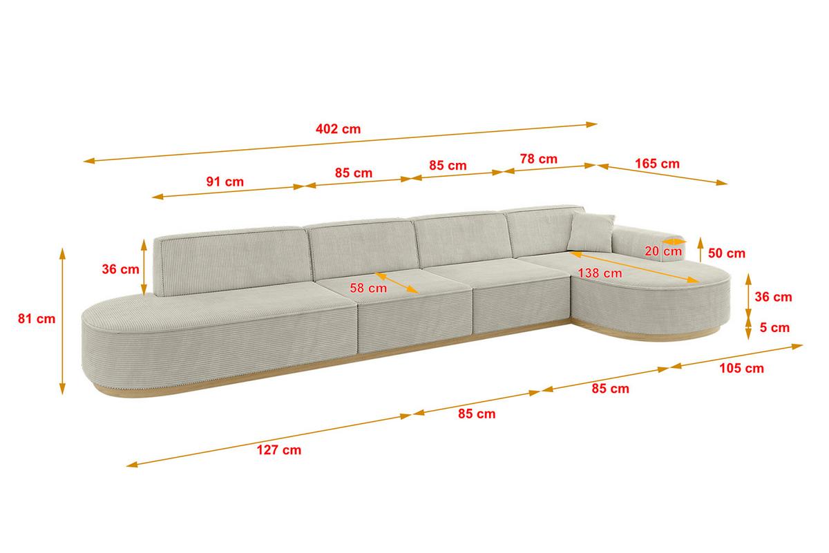 ECKSOFA Ottomane Rechts MARI-L3-v2 - 413x171x83 cm Creme Cord - Hellgrau/Creme, Holzwerkstoff/Textil (171/413cm) - ALTDECOR