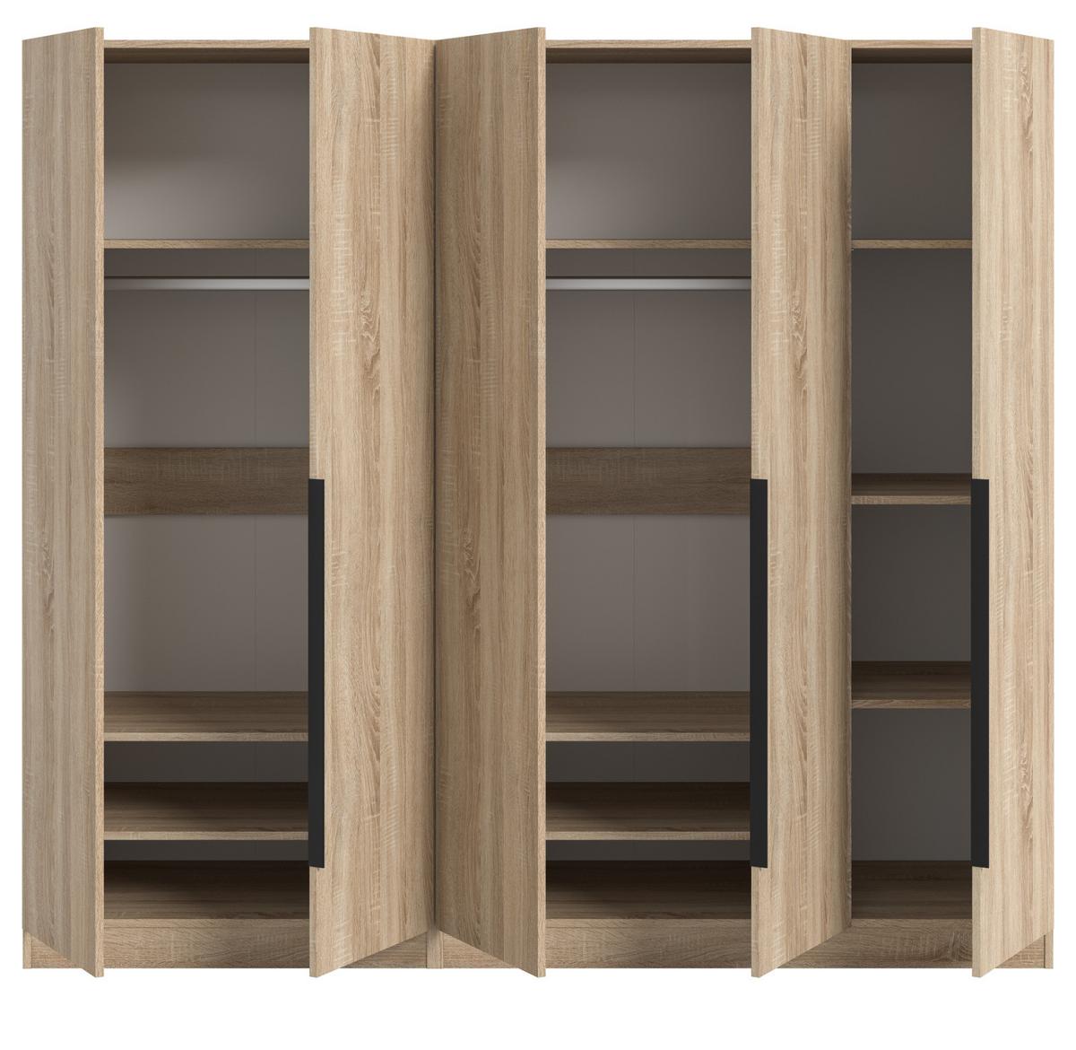 KLEIDERSCHRANK Eiche Sonoma 5-türig 2000 x 181 cm, Drehtürenschrank mit Kleiderstange - Eichefarben/Schwarz, Holzwerkstoff/Kunststoff (200/181/52cm) - Inn.Furn