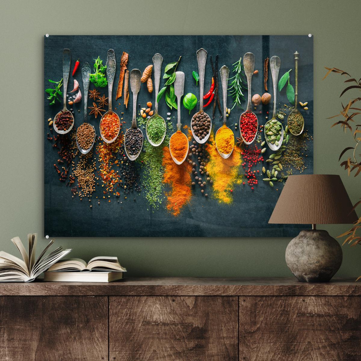 ACRYLGLASBILD Kräuter - Gewürze - Löffel 80x60 cm - Currygelb, Glas (80/60cm) - MuchoWow