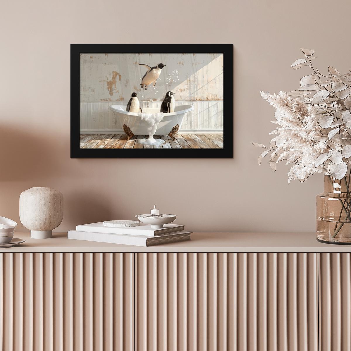 POSTER MIT RAHMENGERAHMTES BILD Vintage - Pinguin - Badewanne - Schaumstoff 30x20 cm - Schwarz, Papier (30/20cm) - MuchoWow