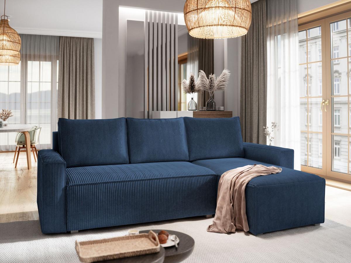ECKSOFA POTARO Blau Kordstoff mit Schlaffunktion - Blau/Grau, Holz/Kunststoff (232/140cm) - MASSENO