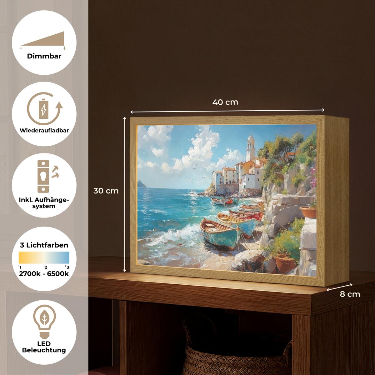 WANDLEUCHTE MIT AKKU Boote - Felsen - Meer - Sonne 40x30 cm - Blau, Holzwerkstoff (40/30/8cm) - OnlyWow