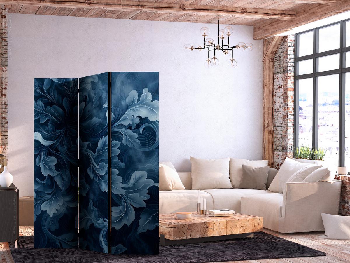 PARAVENT Beidseitig Bedruckter 3-tlg 135x172 cm Blaue Bl tter Ornamente - Blau, Holz/Textil (135/172/3cm) - Muralo