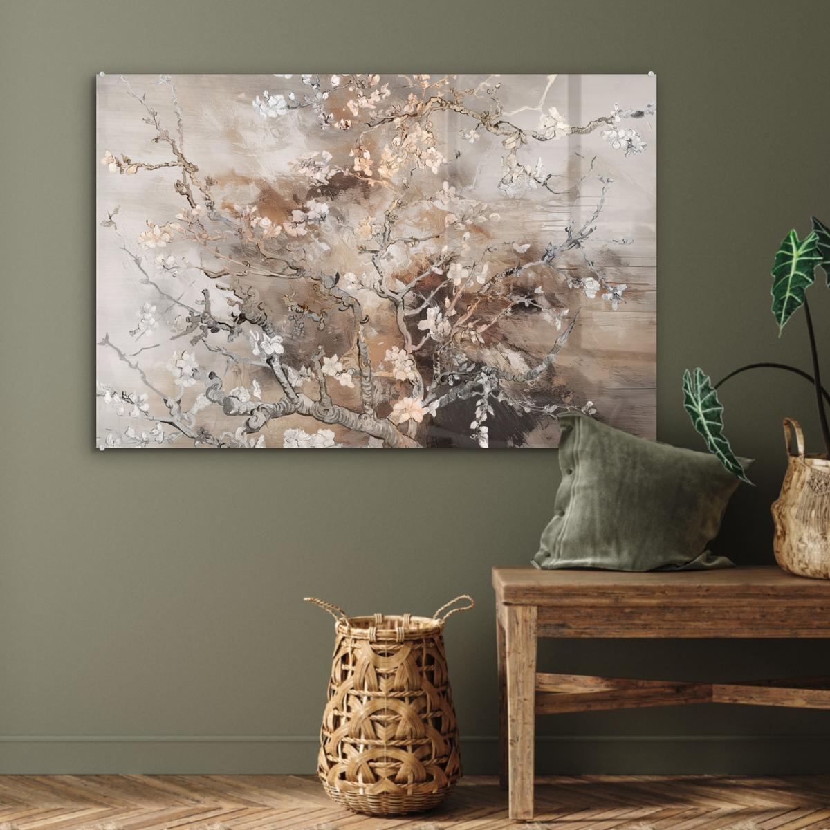 ACRYLGLASBILD Mandelblüte - Kunst - Van Gogh - Beige - Abstrakt Wandbild Schlafzimmer 120x80 cm - Braun, Glas (120/80cm) - MuchoWow